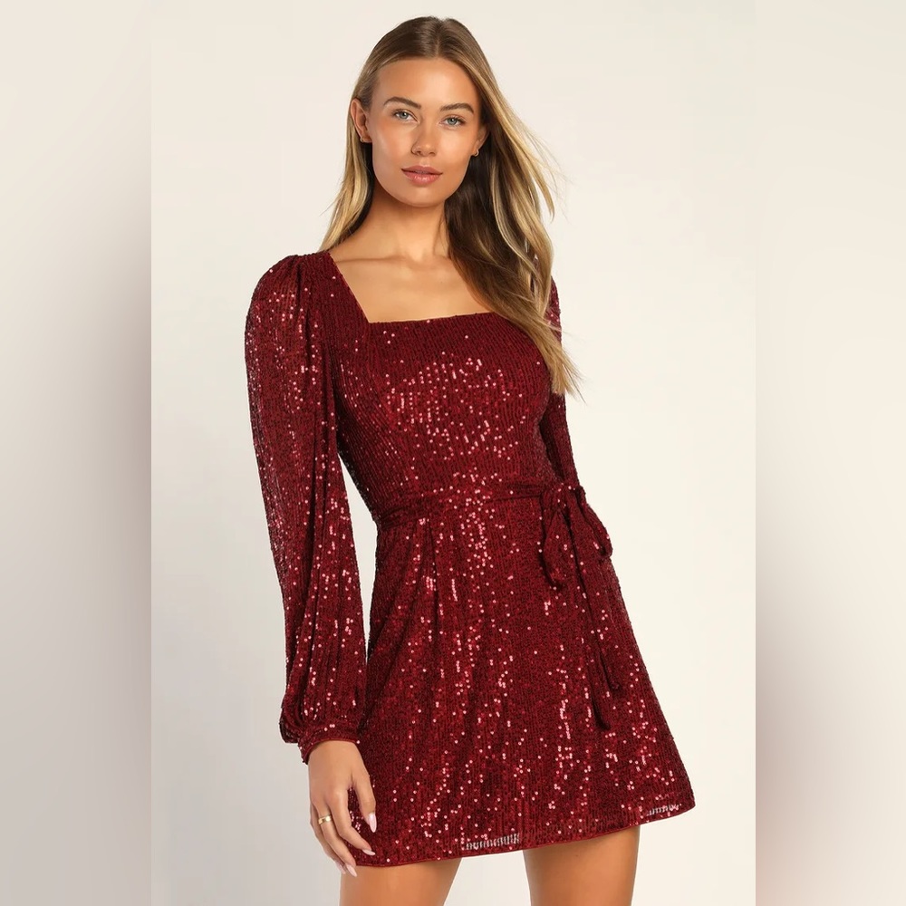 LULUS Festive Mood Wine Red Sequin Long Sleeve Mini Dress
